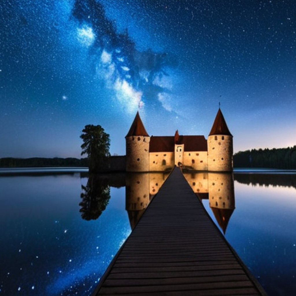 **

A serene night scene in Trakai Historical National Park, Lithuania. Stars are reflected in the still waters of Lake Galvė, creating a magical, almost mirrored effect. A wooden pier extends into the lake, with a lone figure lying on it, gazing up at the sky. In the distance, the faint glow of Trakai Castle can be seen. Capture the dark blue hues of the night sky and the sparkling reflections of the stars.

**