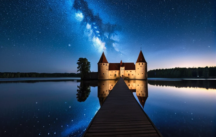 **
A serene night scene in Trakai Historical National Park, Lithuania. Stars are reflected in the still waters of Lake Galvė, creating a magical, almost mirrored effect. A wooden pier extends into the lake, with a lone figure lying on it, gazing up at the sky. In the distance, the faint glow of Trakai Castle can be seen. Capture the dark blue hues of the night sky and the sparkling reflections of the stars.
**